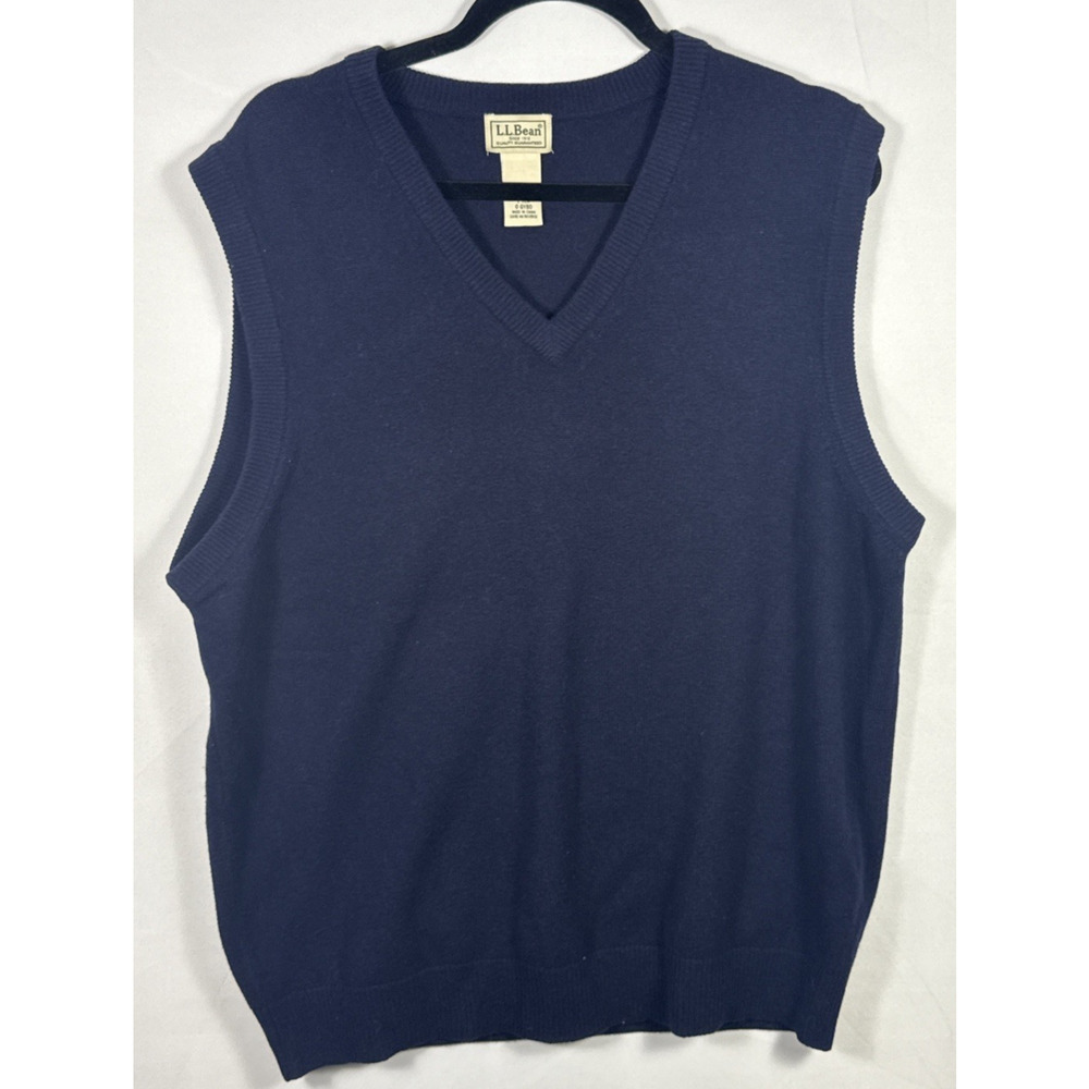 L.L. Bean Mens L Navy Blue Lambswool Sweater Vest Sleeveless Pullover OQY80 Knit